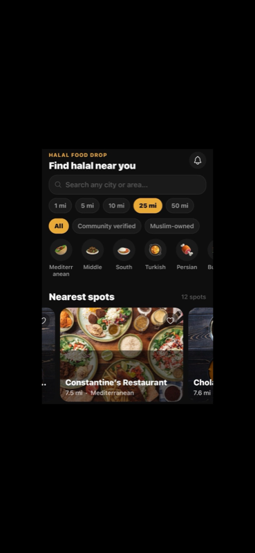 Halal Food Drop home screen showing nearby halal restaurants